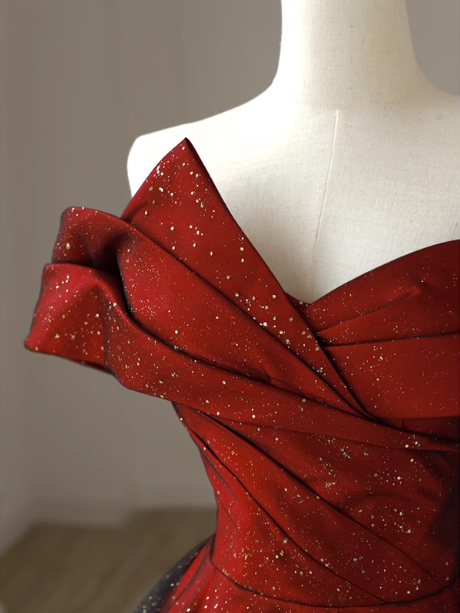 Elegant Burgundy Off-The-Shoulder A-Line Satin Tulle Long Prom Dresses Evening Dresses