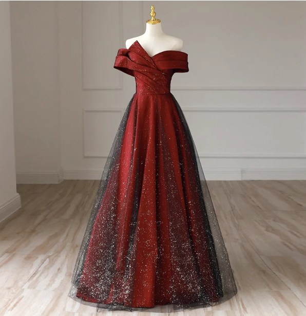 Elegant Burgundy Off-The-Shoulder A-Line Satin Tulle Long Prom Dresses Evening Dresses