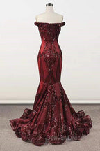 Elegant Burgundy Off The Shoulder Mermaid Prom Dresses