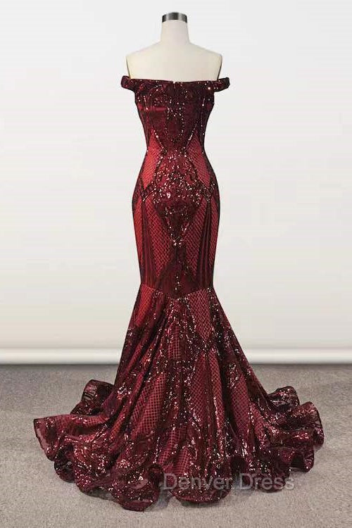 Elegant Burgundy Off The Shoulder Mermaid Prom Dresses