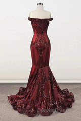 Elegant Burgundy Off-the-shoulder Mermaid Prom Dresses