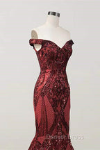 Elegant Burgundy Off The Shoulder Mermaid Prom Dresses