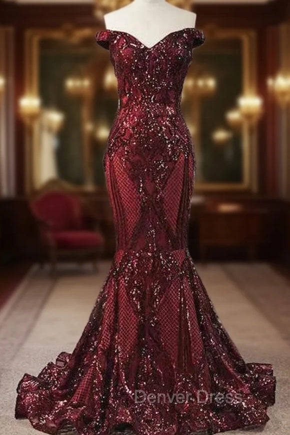 Elegant Burgundy Off The Shoulder Mermaid Prom Dresses