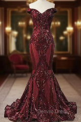 Elegant Burgundy Off-the-shoulder Mermaid Prom Dresses