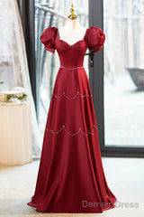 Elegant Burgundy Satin Long Prom Dress With Beaded, Burgundy Short Sleeve Evening Dress