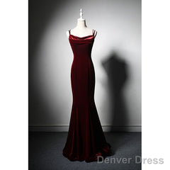 Elegant Burgundy Spaghetti Straps Velvet Mermaid Prom Dress Evening Dress
