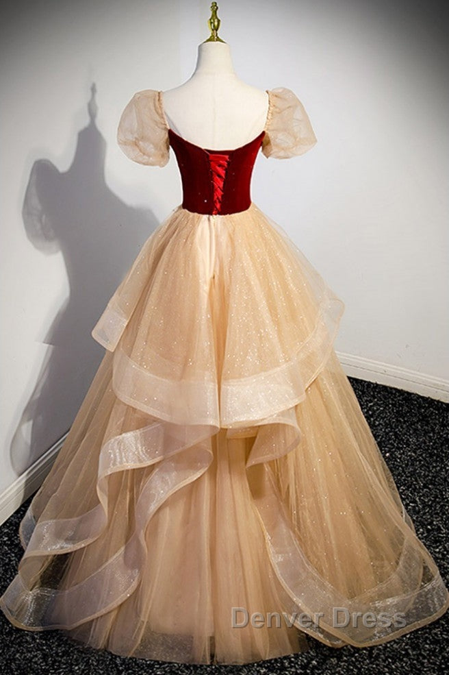 Elegant Burgundy Sparkling Sequin Square Neck Fluffy Short Sleeved Ball Dresses, Burgundy Princess Sheer Backless Strap, Floor Length Layered Ruffle Edge Prom Dresses Secondary image