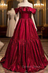 Elegant Burugndy Satin Off the Shoulder Prom Dresses