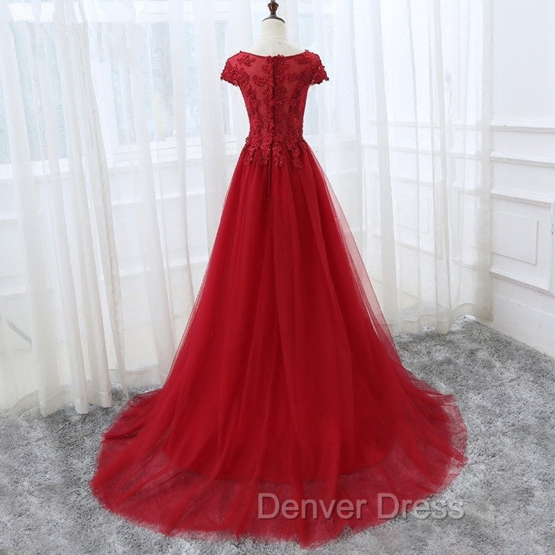 Elegant Cap Sleeve Lace Applique Tulle Party Dresses, Prom Gowns Secondary image
