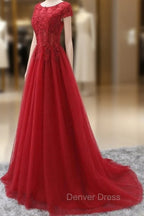 Elegant Cap Sleeve Lace Applique Tulle Prom Dresses, Prom Gown