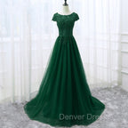 Elegant Cap Sleeve Lace Applique Tulle Prom Dresses, Prom Gown