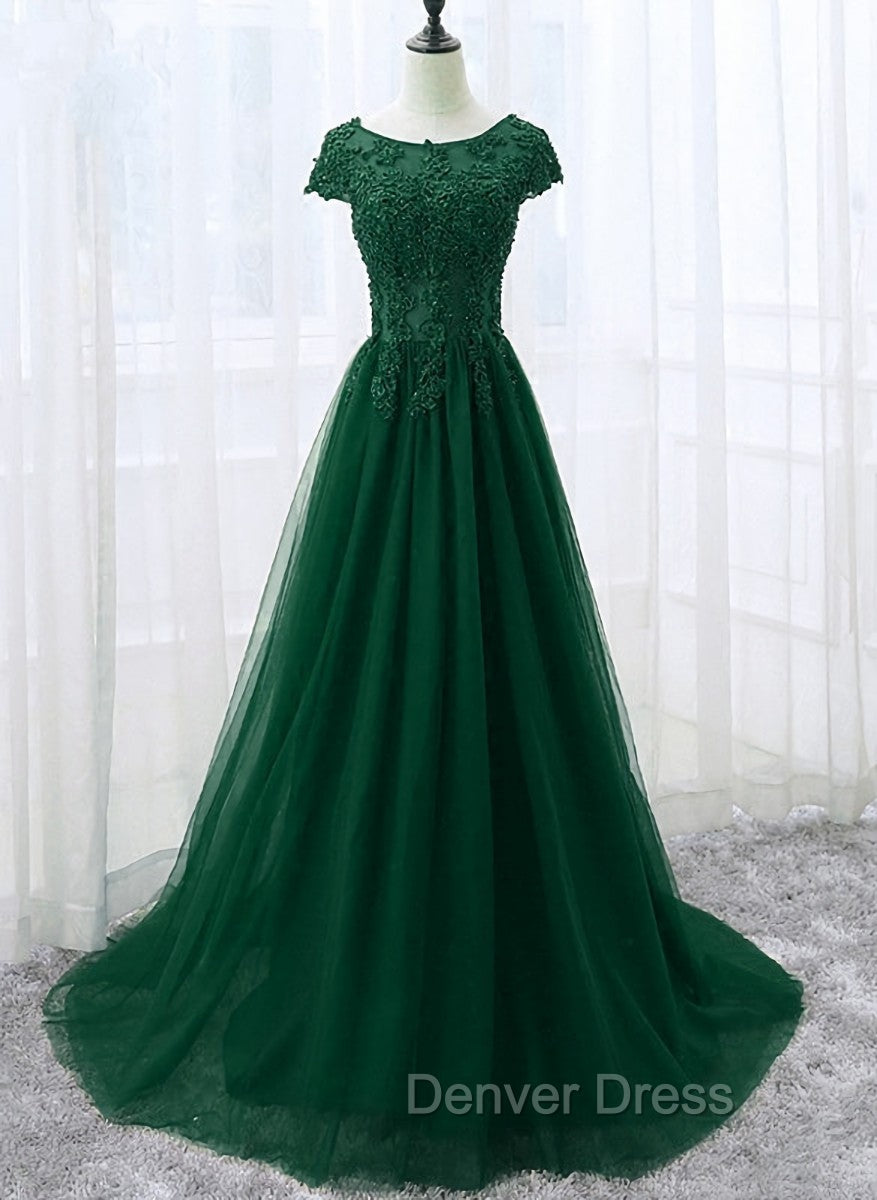 Elegant Cap Sleeve Lace Applique Tulle Party Dresses, Prom Gowns Main image