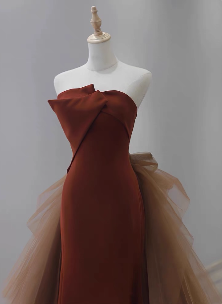 Elegant Caramel Brown Mermaid Strapless Tulle Satin Train Prom Dresses Evening Dresses Secondary image