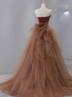 Elegant Caramel Brown Mermaid Strapless Tulle Satin Train Prom Dresses Evening Dresses
