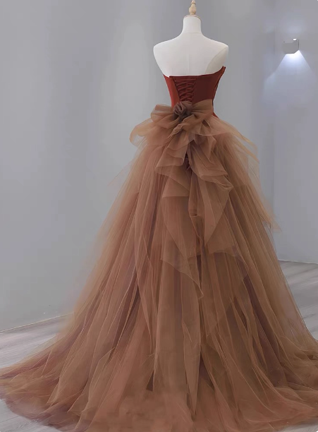 Elegant Caramel Brown Mermaid Strapless Tulle Satin Train Prom Dresses Evening Dresses