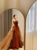 Elegant Caramel Brown Mermaid Strapless Tulle Satin Train Prom Dresses Evening Dresses