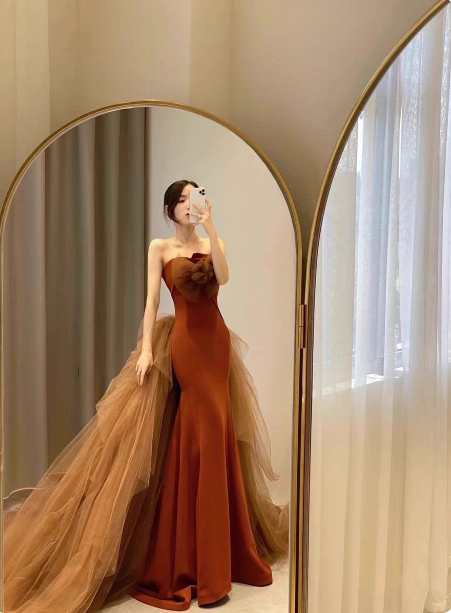 Elegant Caramel Brown Mermaid Strapless Tulle Satin Train Prom Dresses Evening Dresses