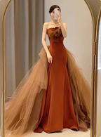 Elegant Caramel Brown Mermaid Strapless Tulle Satin Train Prom Dresses Evening Dresses