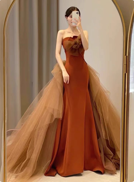 Elegant Caramel Brown Mermaid Strapless Tulle Satin Train Prom Dresses Evening Dresses
