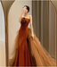 Elegant Caramel Brown Mermaid Strapless Tulle Satin Train Prom Dresses Evening Dresses