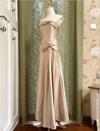 Elegant Champagne A-Line Strapless Twisted Satin Long Prom Dresses Evening Dresses Bridesmaid Dresses