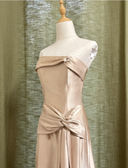 Elegant Champagne A-Line Strapless Twisted Satin Long Prom Dresses Evening Dresses Bridesmaid Dresses