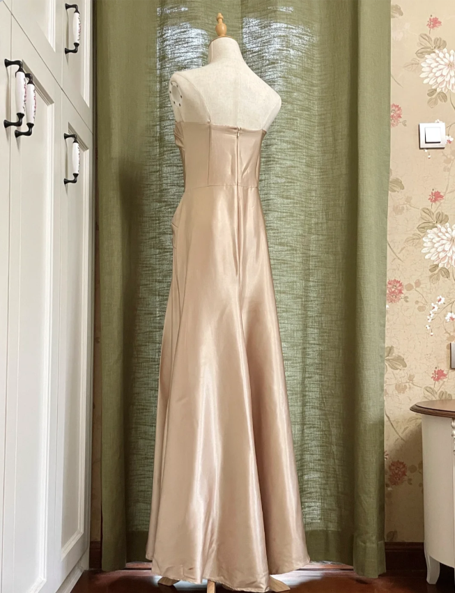 Elegant Champagne A-Line Strapless Twisted Satin Long Prom Dresses Evening Dresses Bridesmaid Dresses