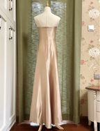 Elegant Champagne A-Line Strapless Twisted Satin Long Prom Dresses Evening Dresses Bridesmaid Dresses