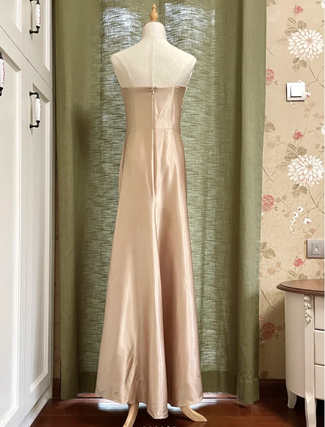 Elegant Champagne A-Line Strapless Twisted Satin Long Prom Dresses Evening Dresses Bridesmaid Dresses