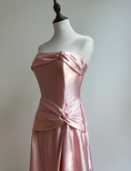 Elegant Champagne A-Line Strapless Twisted Satin Long Prom Dresses Evening Dresses Bridesmaid Dresses