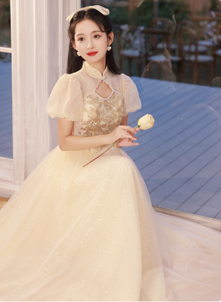 Elegant Champagne Apricot A-Line Puff Sleeve Embroidered Tulle Long Prom Dresses Evening Dresses