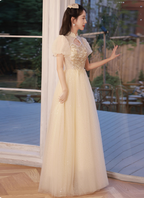 Elegant Champagne Apricot A-Line Puff Sleeve Embroidered Tulle Long Prom Dresses Evening Dresses