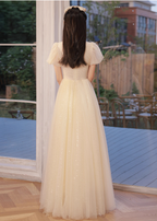 Elegant Champagne Apricot A-Line Puff Sleeve Embroidered Tulle Long Prom Dresses Evening Dresses