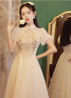 Elegant Champagne Apricot A-Line Puff Sleeve Embroidered Tulle Long Prom Dresses Evening Dresses