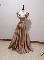 Elegant Champagne Gold Deep V-Neck Bow Satin Long Prom Dresses Evening Dresses
