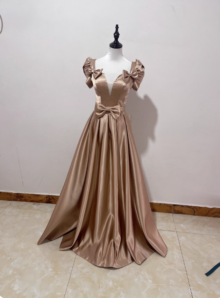Elegant Champagne Gold Deep V-Neck Bow Satin Long Prom Dresses Evening Dresses