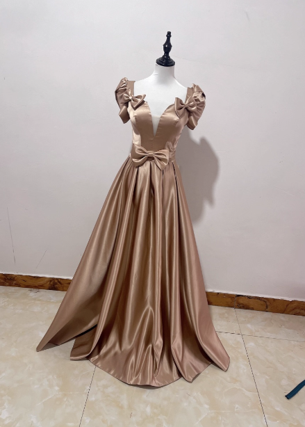 Elegant Champagne Gold Deep V-Neck Bow Satin Long Prom Dresses Evening Dresses Main image