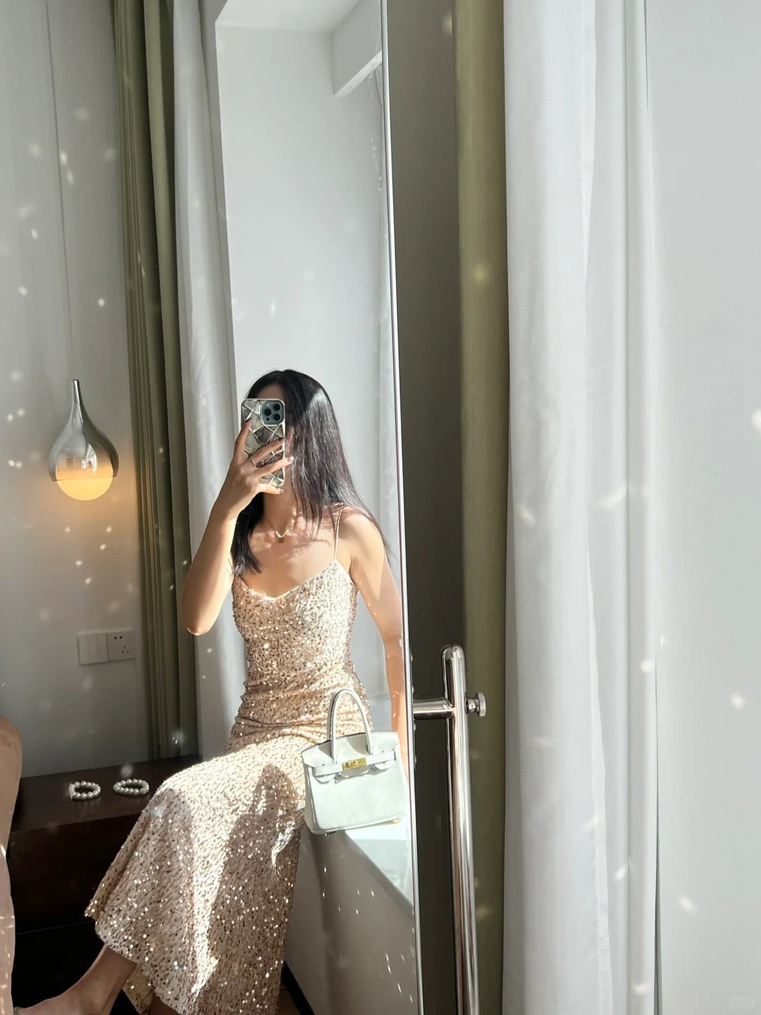 Elegant Champagne Gold Mermaid Halter V-Neck Sequined Long Prom Dresses Evening Dresses