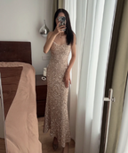 Elegant Champagne Gold Mermaid Halter V-Neck Sequined Long Prom Dresses Evening Dresses