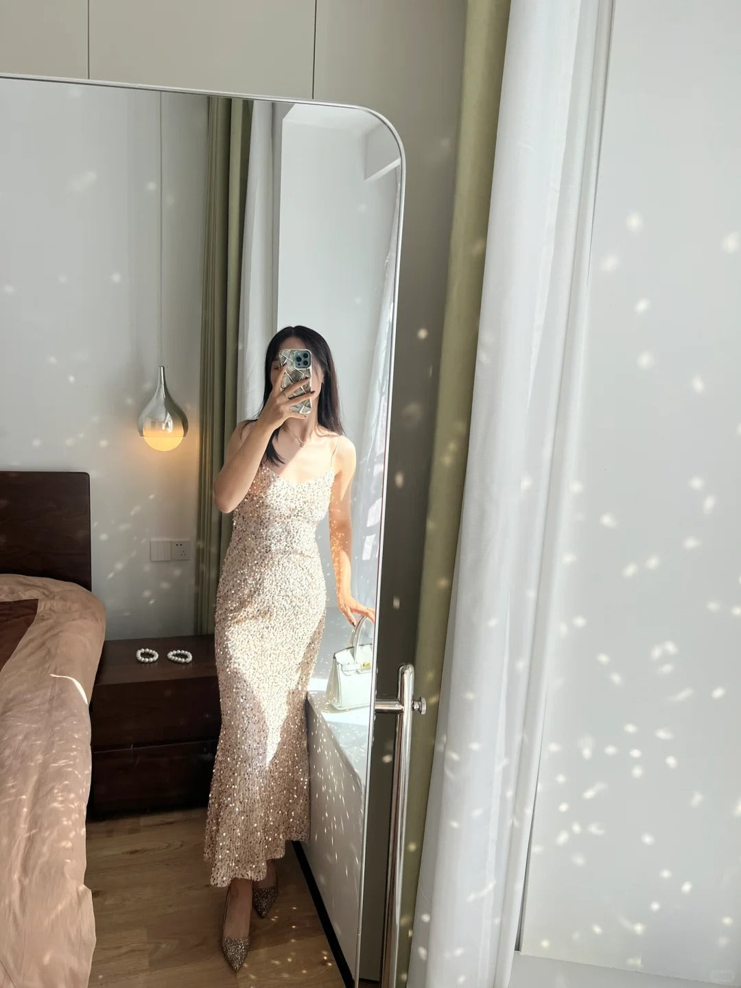 Elegant Champagne Gold Mermaid Halter V-Neck Sequined Long Prom Dresses Evening Dresses
