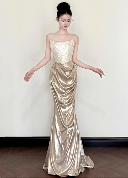 Elegant Champagne Gold Mermaid Strapless Ruffled Satin Train Prom Dresses Evening Dresses