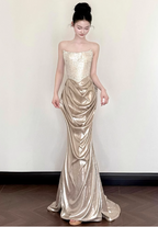 Elegant Champagne Gold Mermaid Strapless Ruffled Satin Train Prom Dresses Evening Dresses