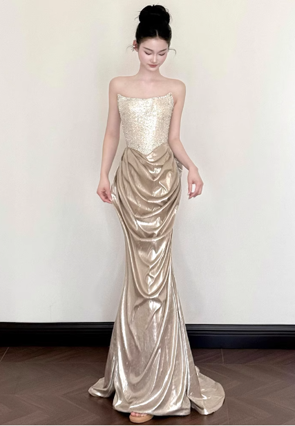 Elegant Champagne Gold Mermaid Strapless Ruffled Satin Train Prom Dresses Evening Dresses