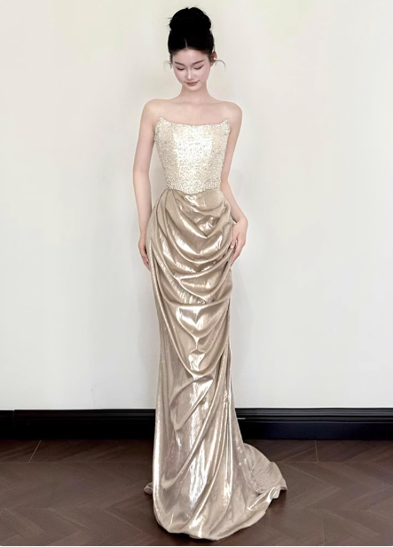 Elegant Champagne Gold Mermaid Strapless Ruffled Satin Train Prom Dresses Evening Dresses Main image