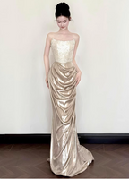 Elegant Champagne Gold Mermaid Strapless Ruffled Satin Train Prom Dresses Evening Dresses