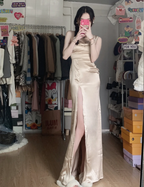 Elegant Champagne High-Slit Satin Long Prom Dresses Evening Dresses