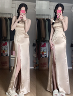 Elegant Champagne High-Slit Satin Long Prom Dresses Evening Dresses