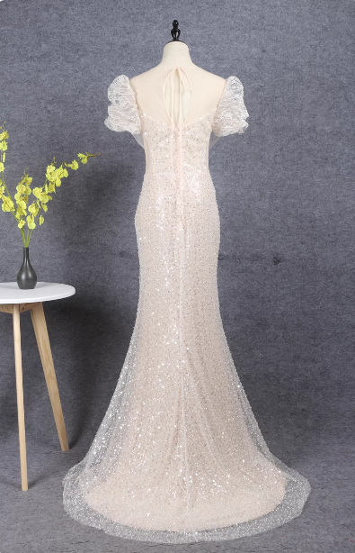 Elegant Champagne Mermaid Puff Sleeve Sequin Train Prom Dresses Evening Dresses