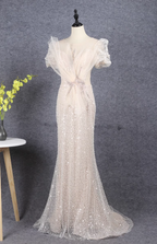 Elegant Champagne Mermaid Puff Sleeve Sequin Train Prom Dresses Evening Dresses