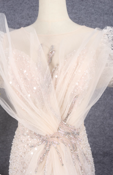 Elegant Champagne Mermaid Puff Sleeve Sequin Train Prom Dresses Evening Dresses